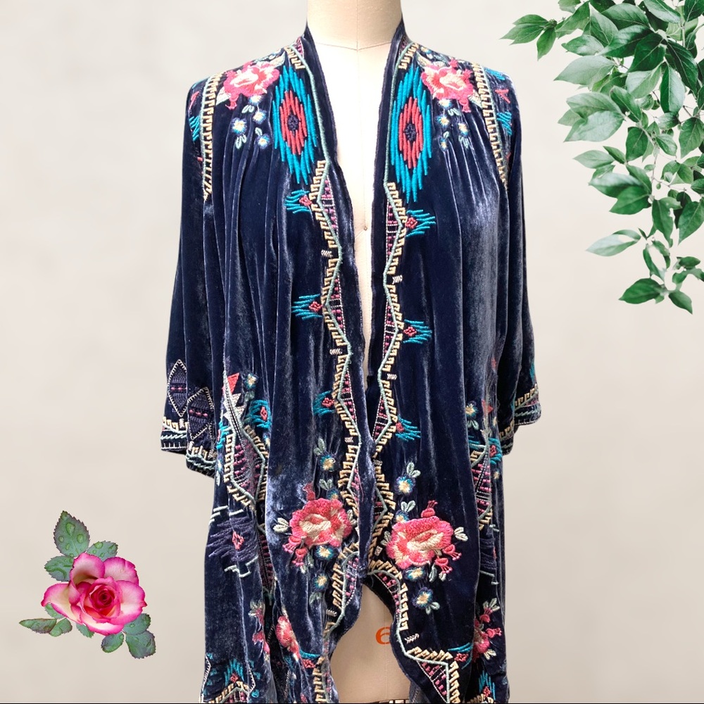 Johnny Was Aveza Kimono in Navy Velvet with Floral Embroidery, XS